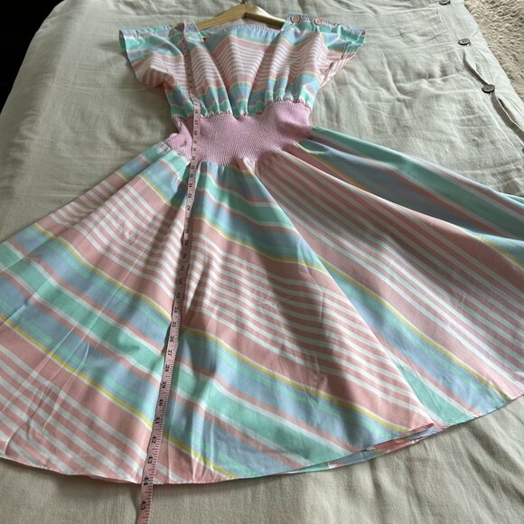 Vintage Pastel Rainbow Striped Midi Dress With Elastic Waist & Button Details - Picture 7 of 7